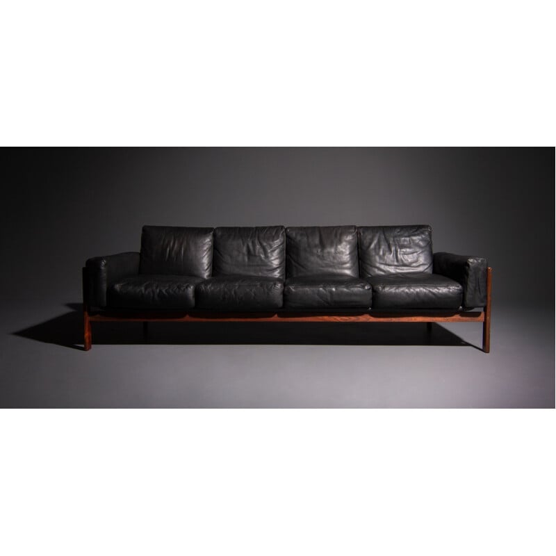 Vintage Dokka Møbler 4 seater sofa in black leather and rosewood