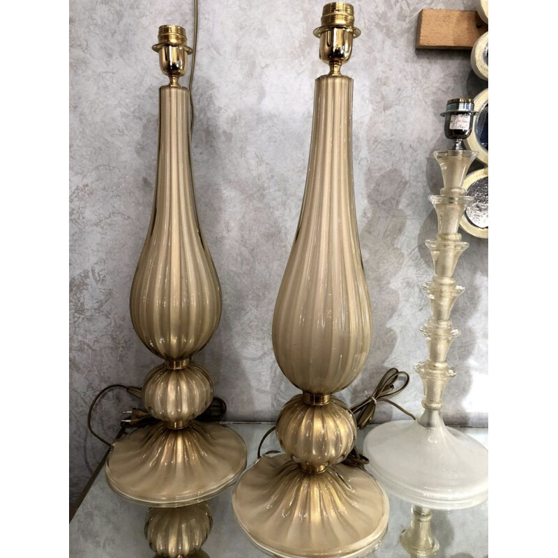 Paire de lampes vintage beige en verre de Murano 1980