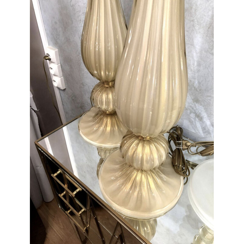 Pair of vintage Murano glass beige lamps 1980