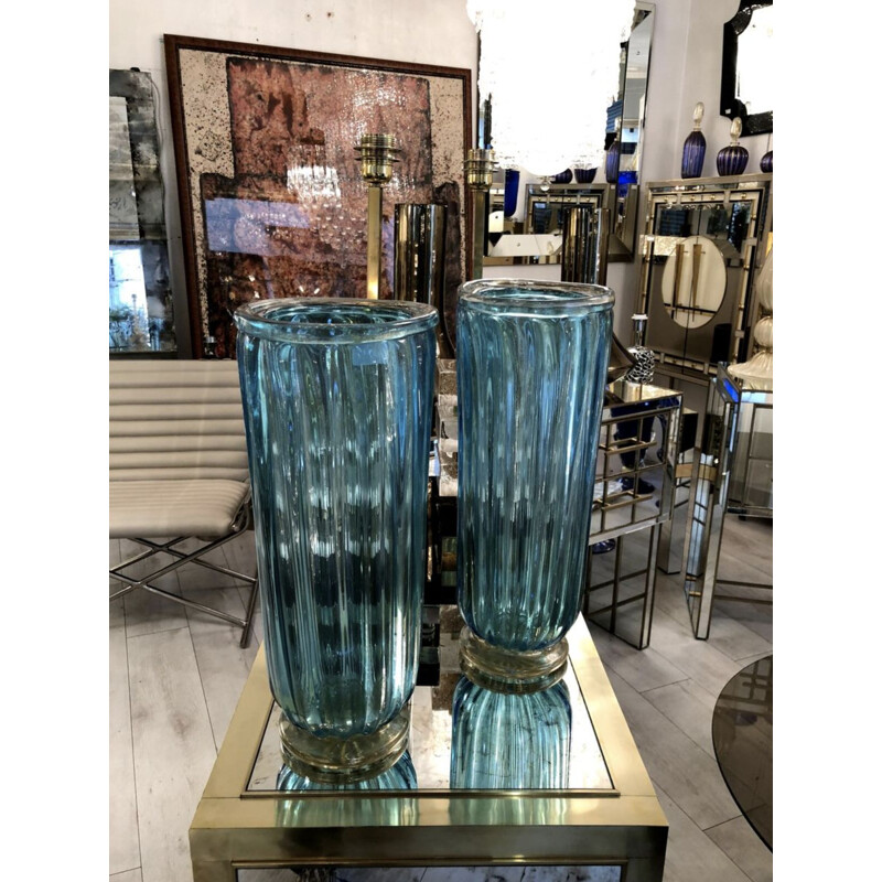 Pair of vintage blue Toso vases in glass of Murano 1980