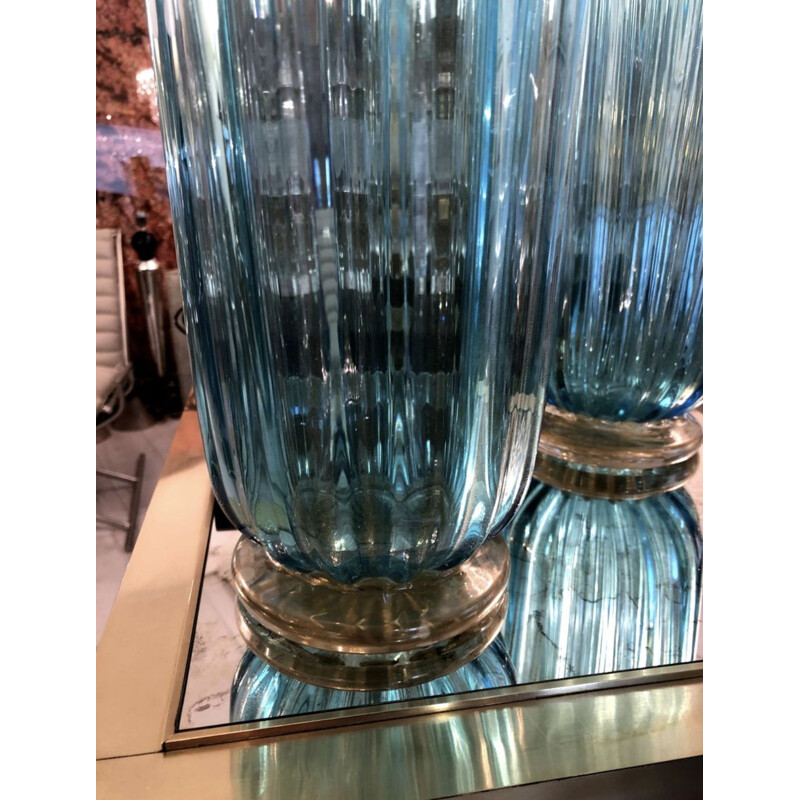 Pair of vintage blue Toso vases in glass of Murano 1980
