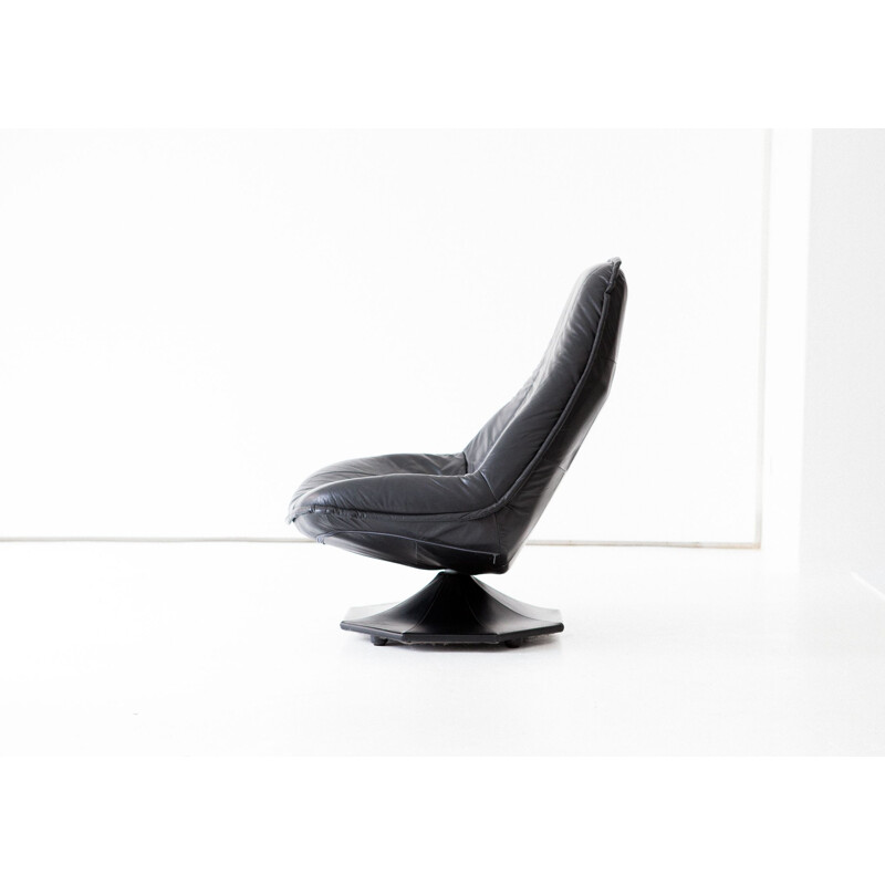 Vintage scandinavian black natural leather lounge chair 1960