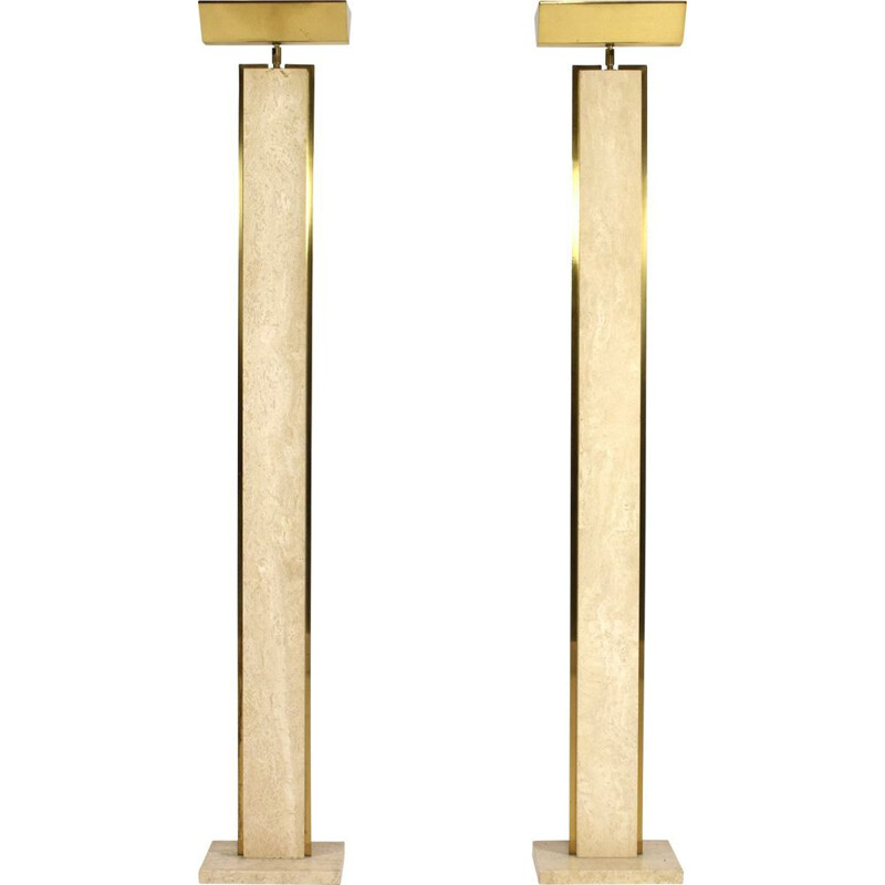 Pair of vintage floor lamps in brass and travertine