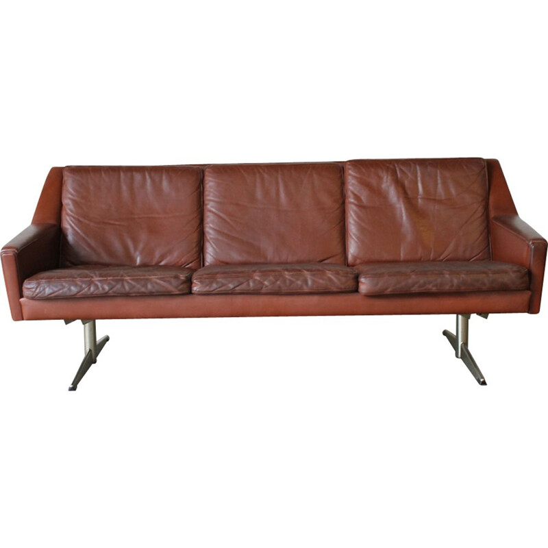 Vintage scandinavian sofa in steel and red leather 1960
