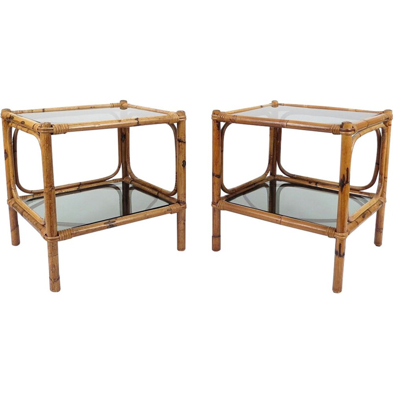 Set of 2 vintage bamboo and smoked glass side tables