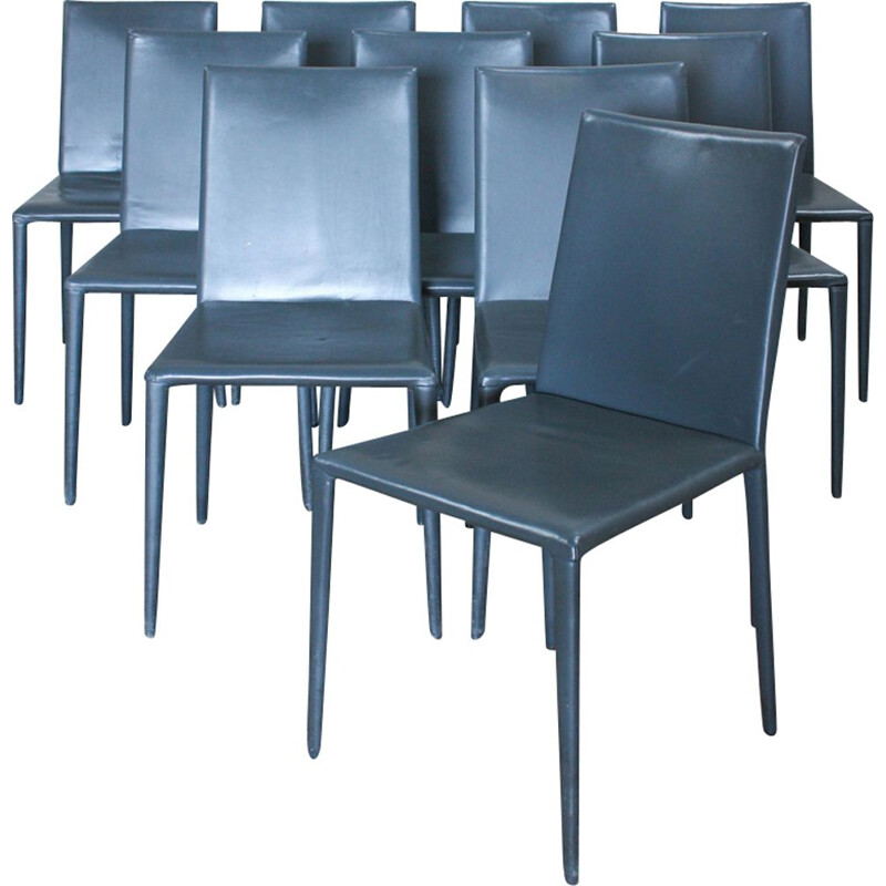 Set of 10 vintage blue dining chairs by Arper