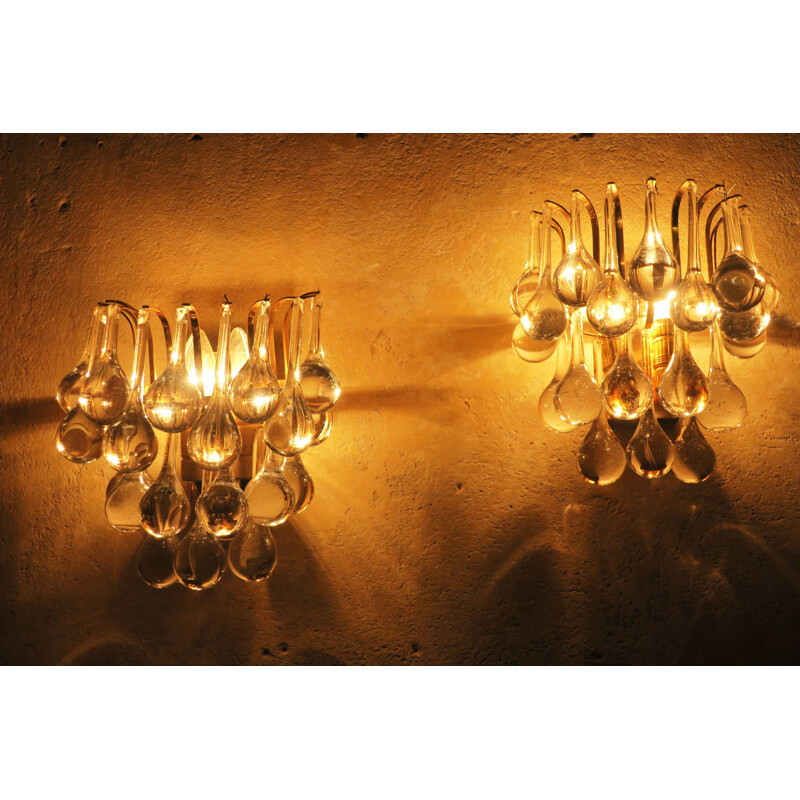Set of 2 vintage wall lamp glass droplet in gilt brass by C.Palme