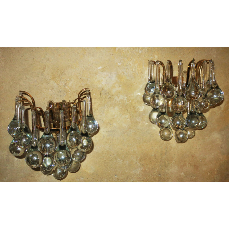 Set of 2 vintage wall lamp glass droplet in gilt brass by C.Palme