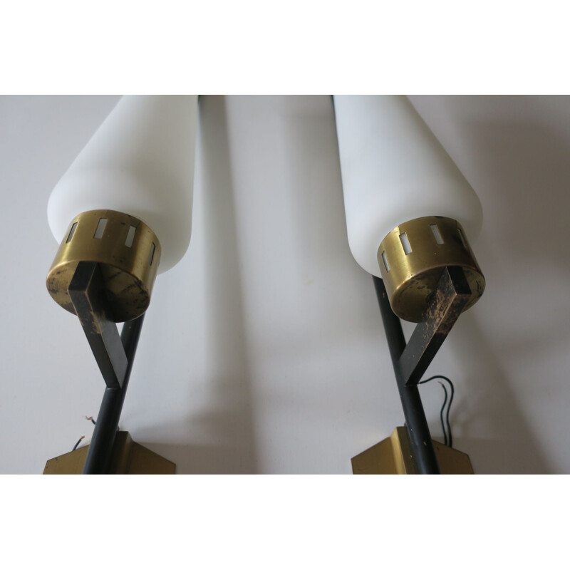  Set of 2 Italian black metal brass and milk glass wall lamp