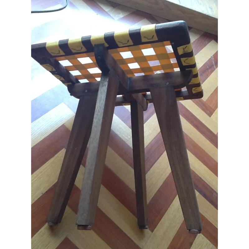 Vintage wooden stool with yellow plastic straps - 1950s