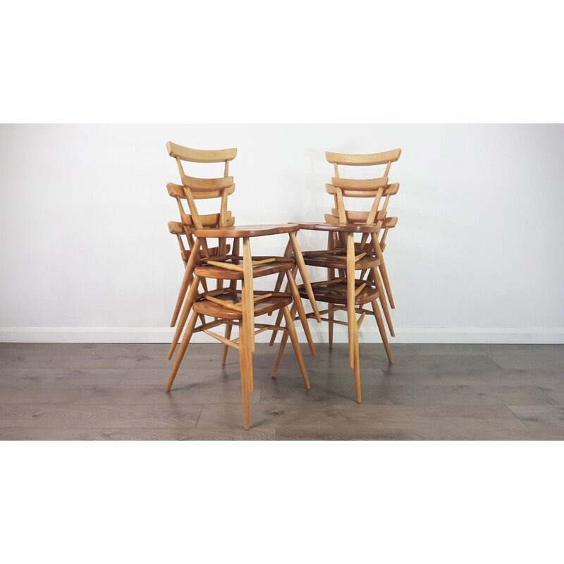 Set of 6 vintage adult green dot stacking chairs by Lucian Ercolani by Ercol