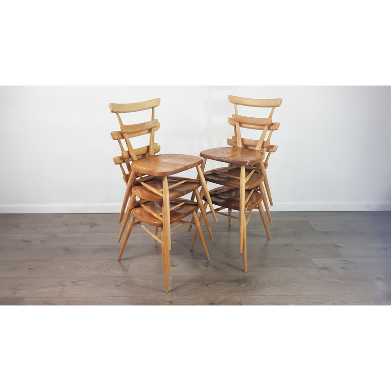 Set of 6 vintage adult green dot stacking chairs by Lucian Ercolani by Ercol