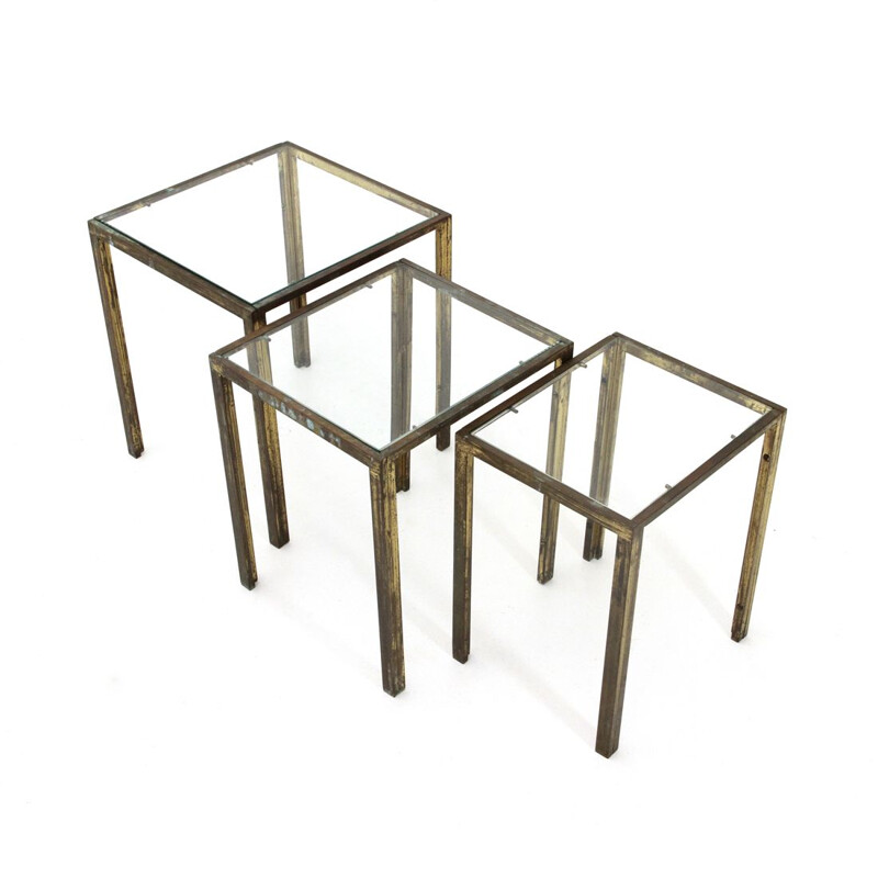 Set of 3 Italian brass and glass nesting tables