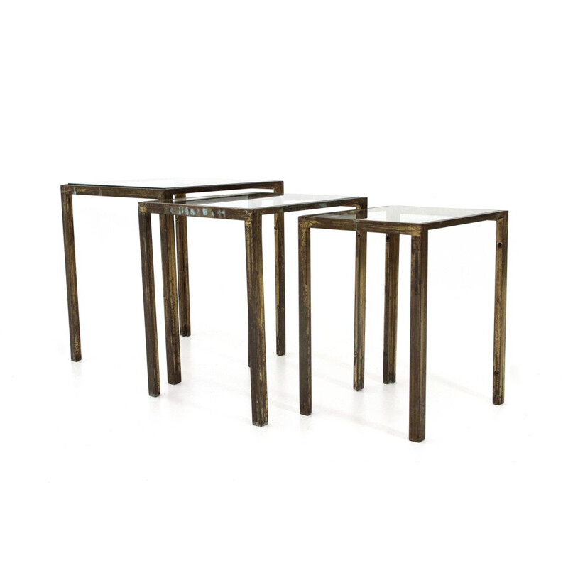 Set of 3 Italian brass and glass nesting tables