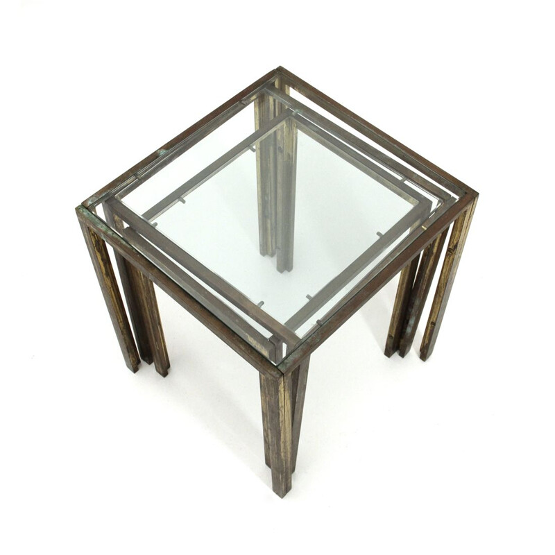 Set of 3 Italian brass and glass nesting tables