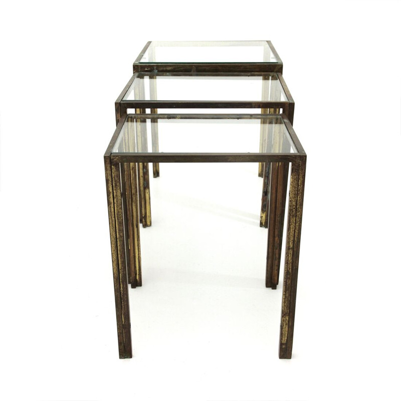 Set of 3 Italian brass and glass nesting tables