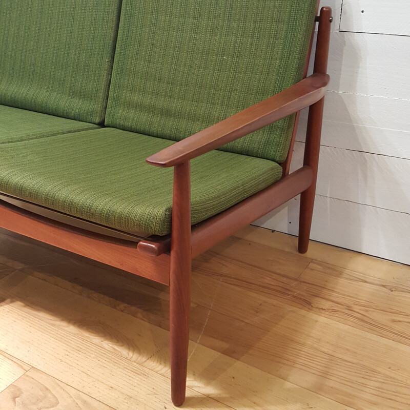 Set of bench and armchair in teak and green fabric, Grete JALK - 1960s