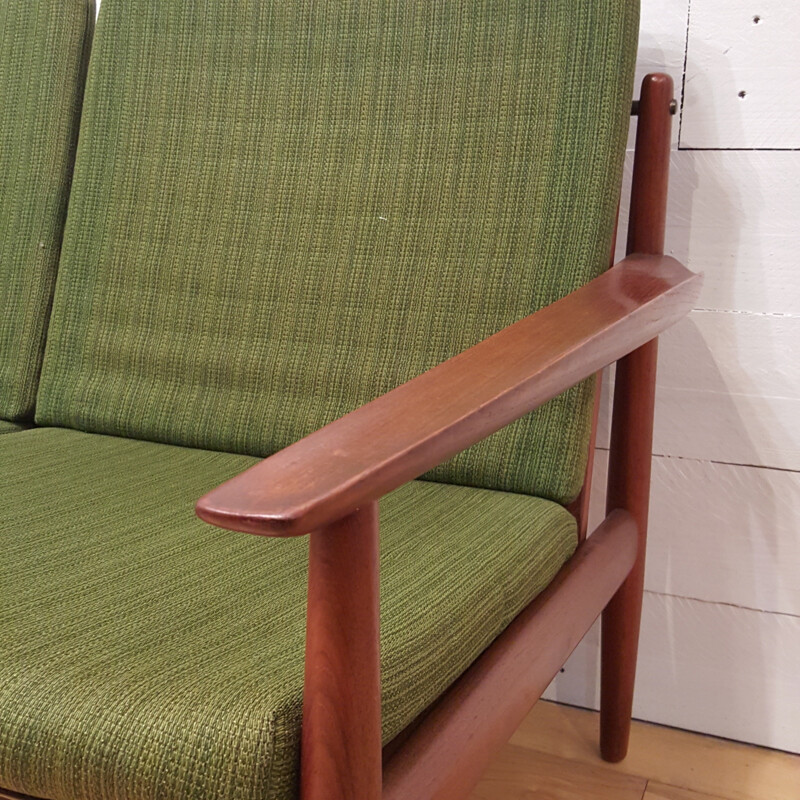 Set of bench and armchair in teak and green fabric, Grete JALK - 1960s