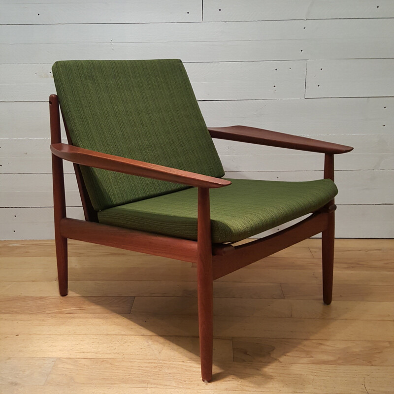 Set of bench and armchair in teak and green fabric, Grete JALK - 1960s