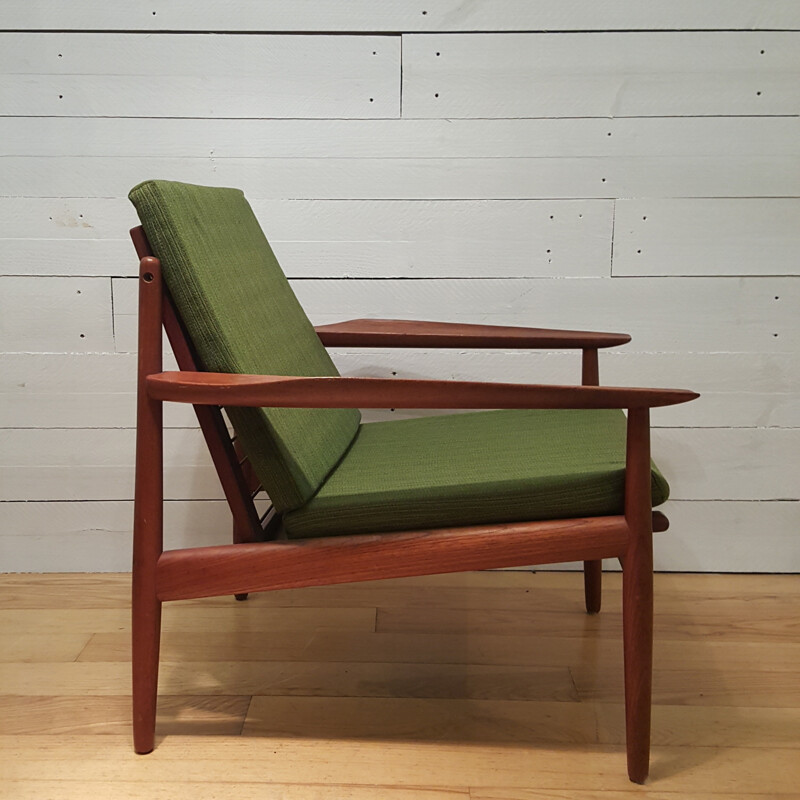 Ensemble banquette et fauteuil en teck et tissu vert, Grete JALK - 1960
