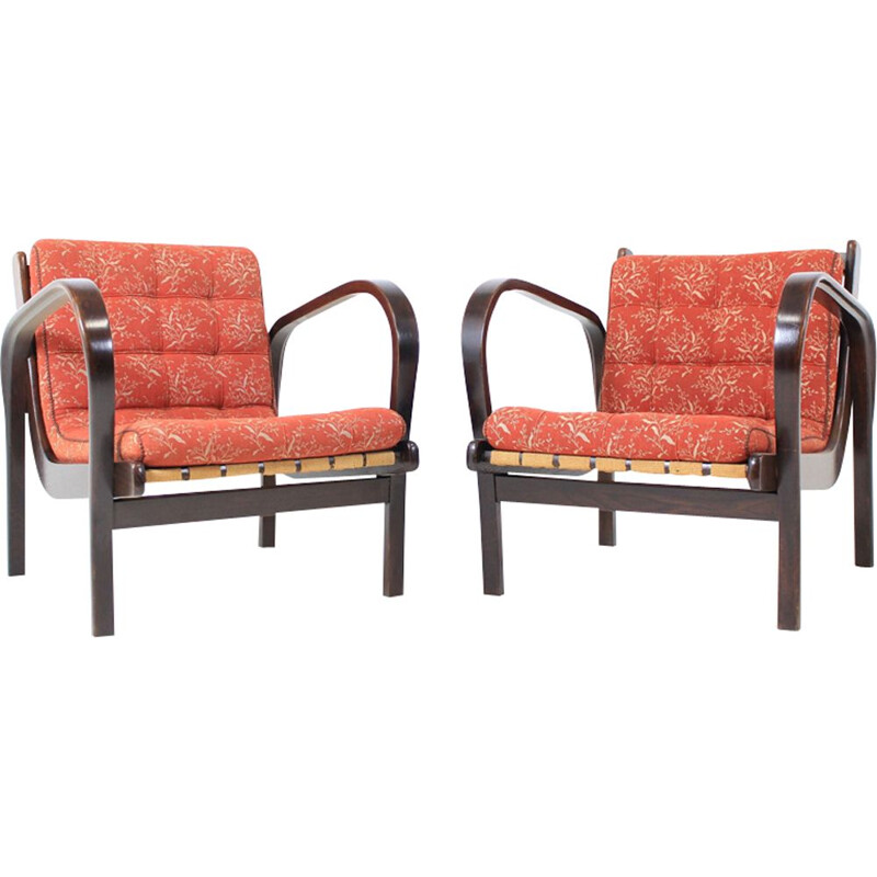 Set of 2 vintage red armchairs by Kozelka and Kropáček