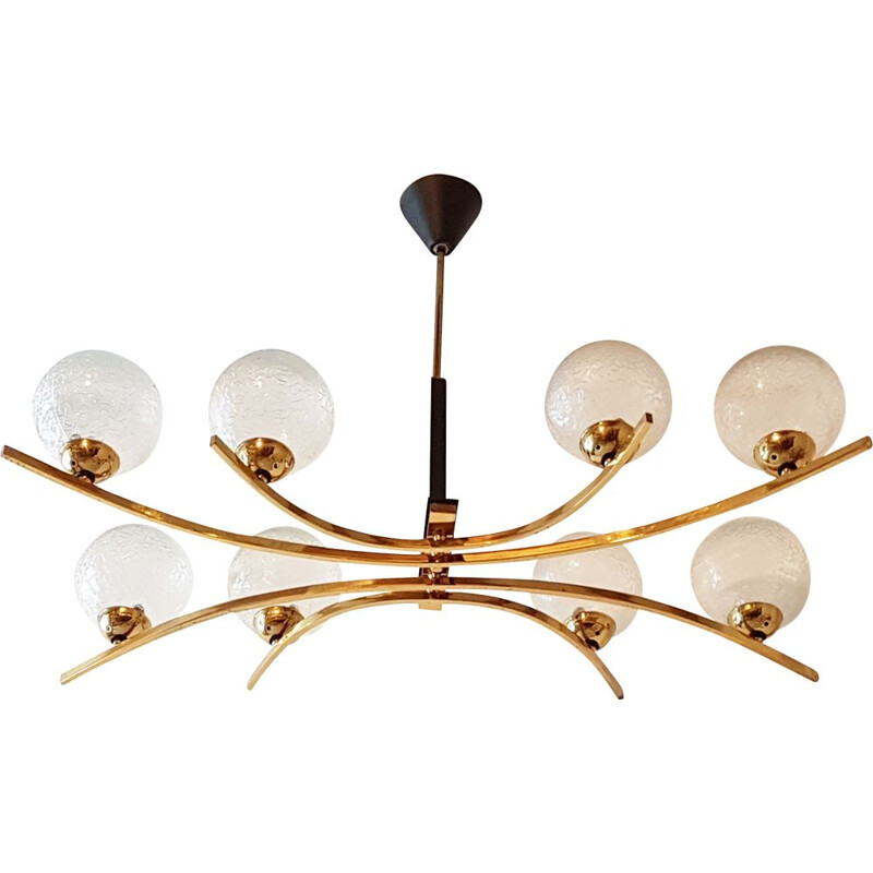 Vintage 8 spheres chandelier in glass and brass 1950