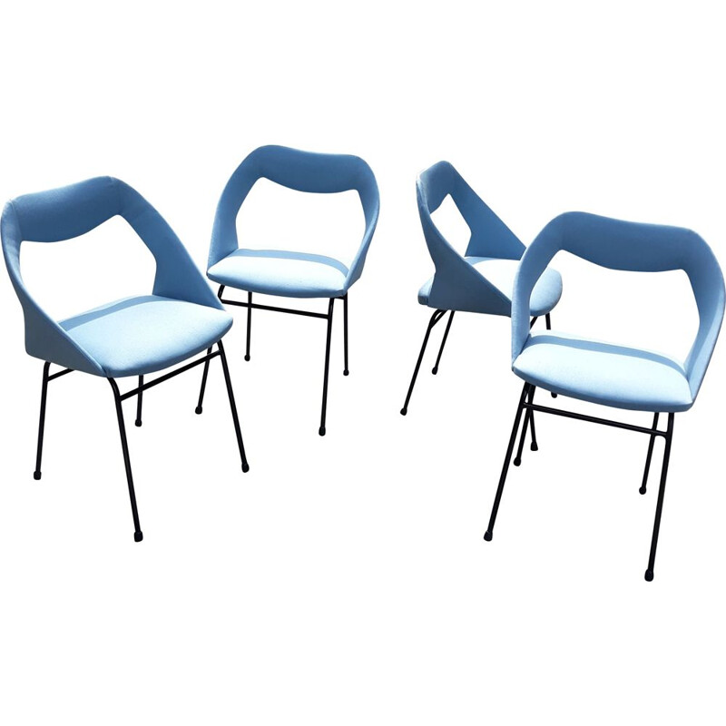 Suite of 4 vintage blue chairs for Zol in fabric and metal