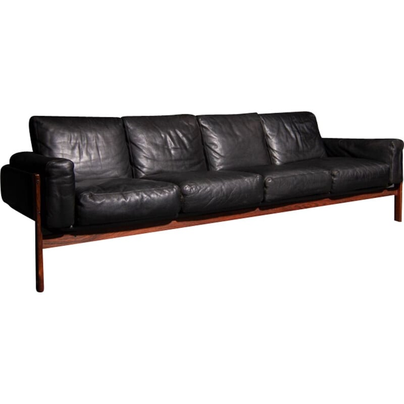 Vintage Dokka Møbler 4 seater sofa in black leather and rosewood