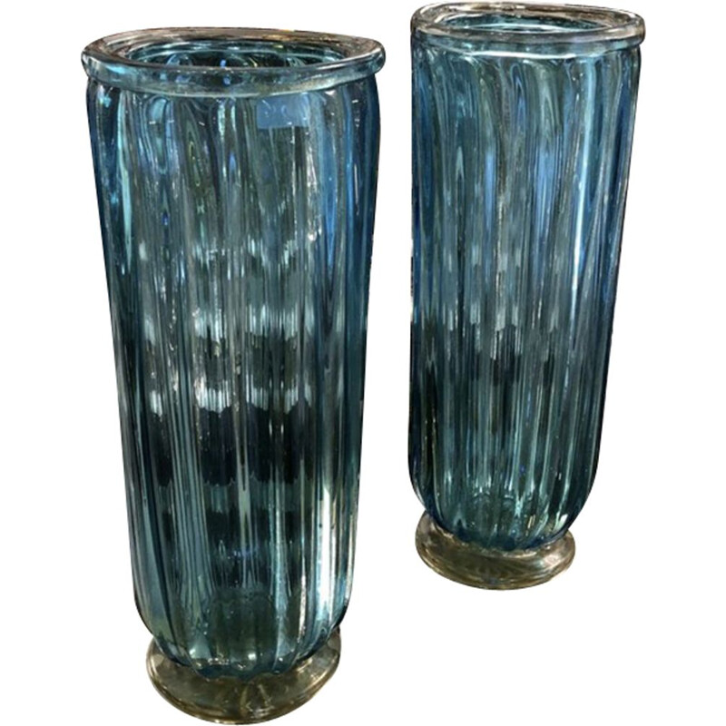 Pair of vintage blue Toso vases in glass of Murano 1980