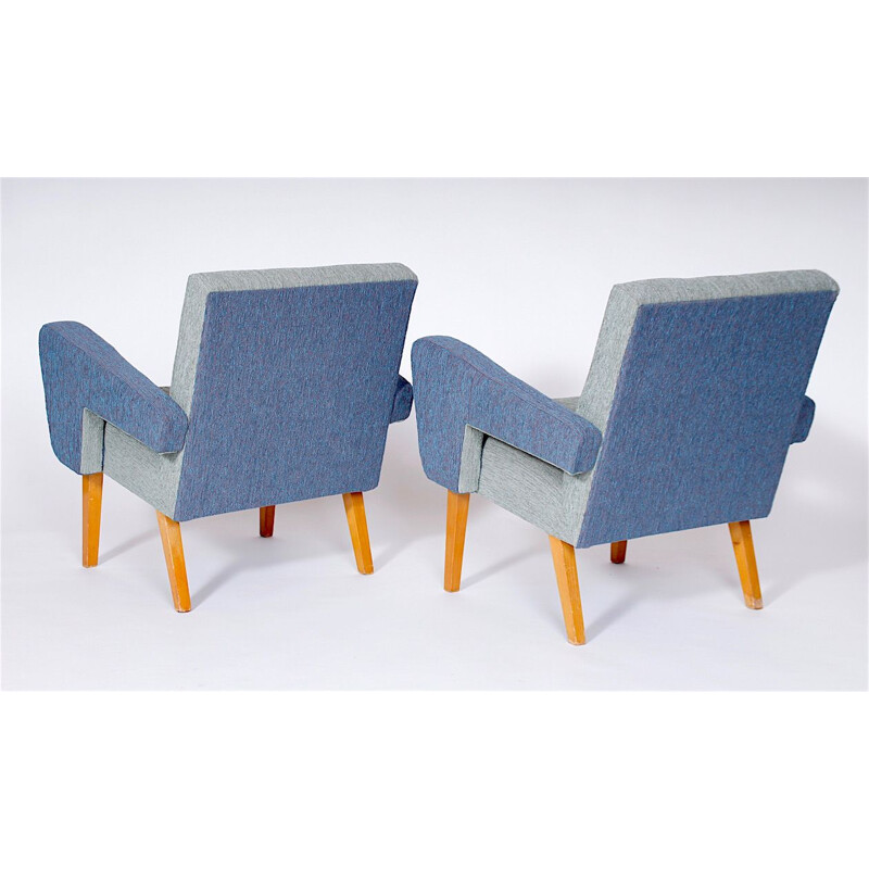 Suite aus 2 Vintage-Sesseln mit blauem Stoffbezug