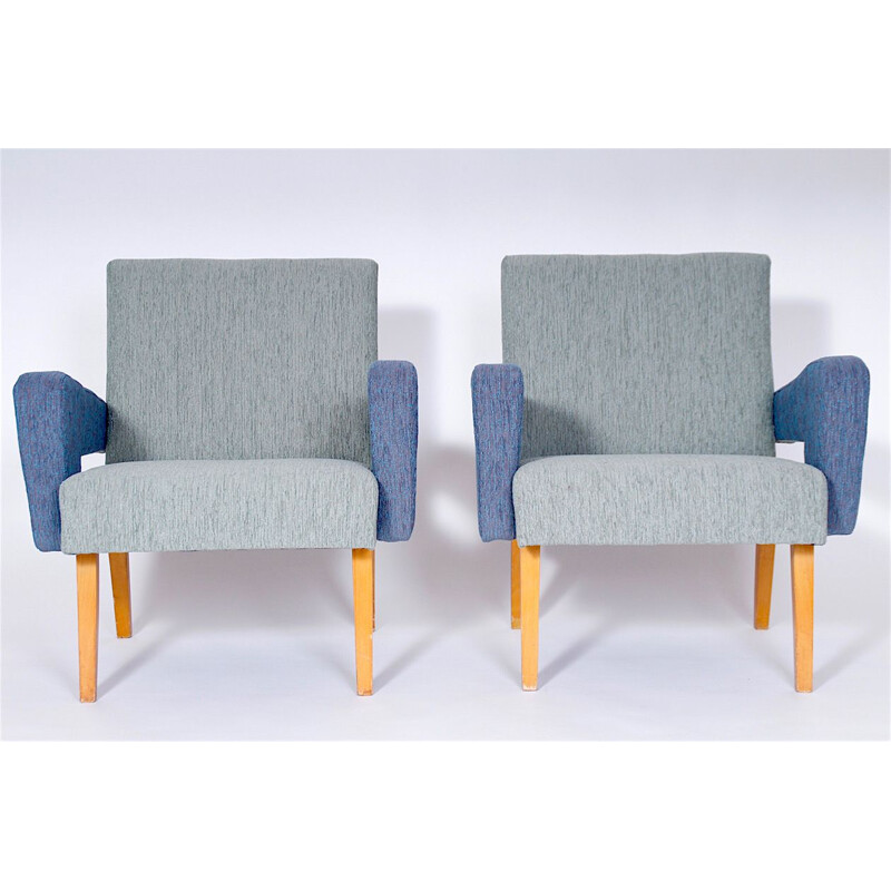 Suite de 2 fauteuils vintage en tissu bleu