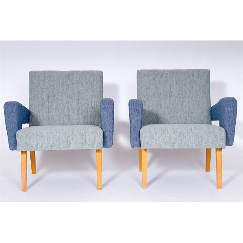 Suite van 2 vintage fauteuils in blauwe stof