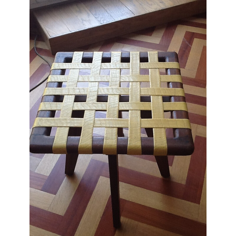 Vintage wooden stool with yellow plastic straps - 1950s