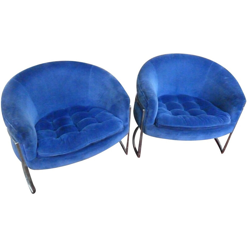 Pair of armchairs in blue velvet and steel, edition Bernhardt - 1980s