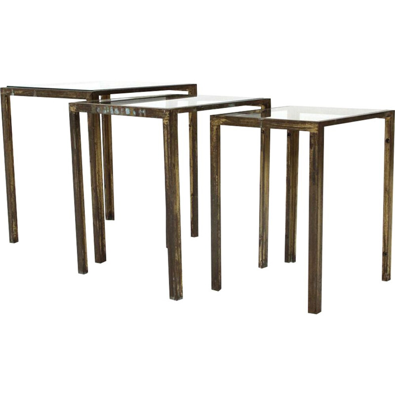 Set of 3 Italian brass and glass nesting tables