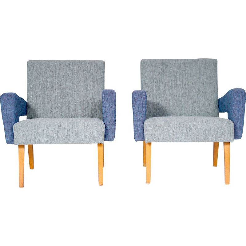 Set of 2 vintage armchairs in blue fabric