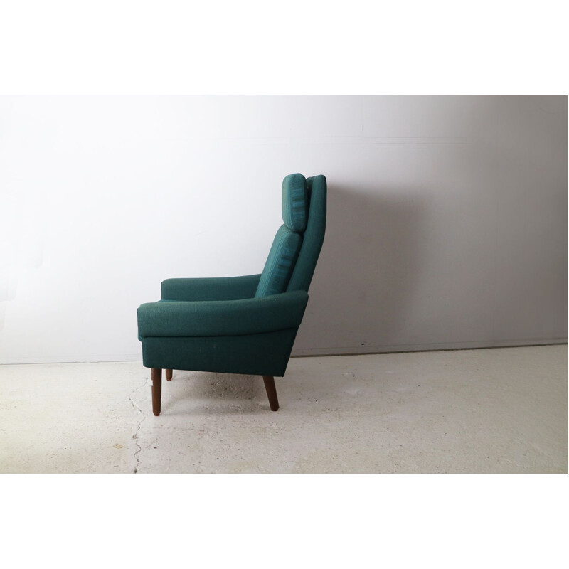 Fauteuil vintage vert en laine et teck avec dossier haut 1970