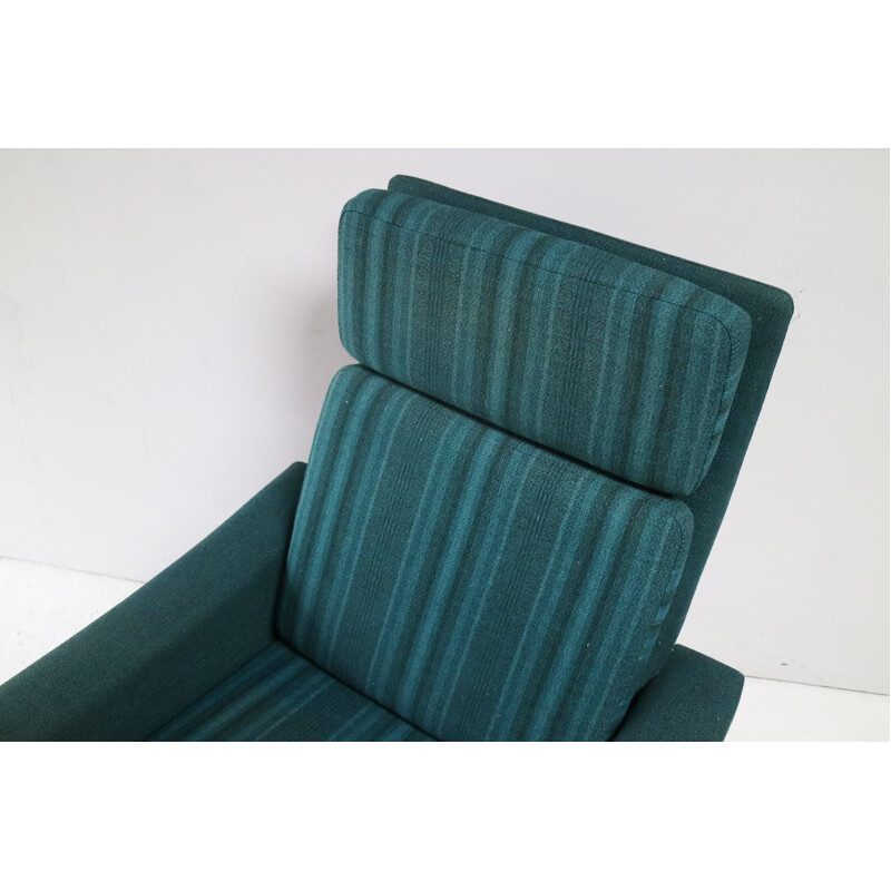 Fauteuil vintage vert en laine et teck avec dossier haut 1970