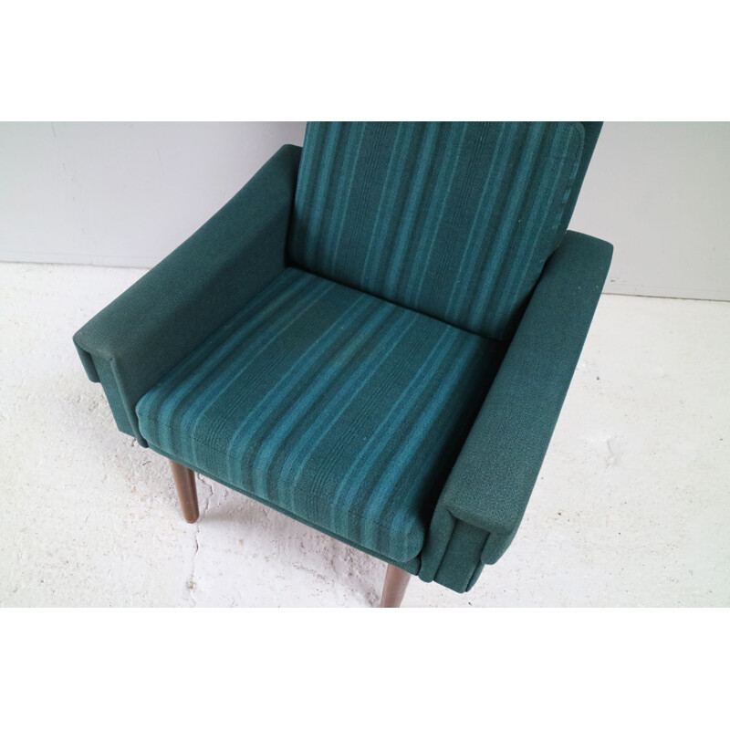 Fauteuil vintage vert en laine et teck avec dossier haut 1970