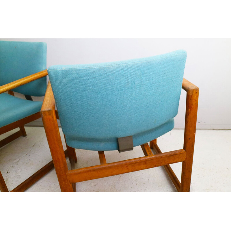 Set of 4 vintage danish mid century oakwood blue chairs 1970
