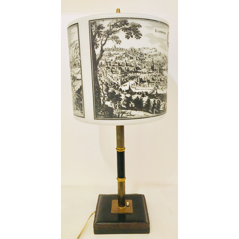 Lampe vintage belge blanche et noir en cuir et laiton 1940