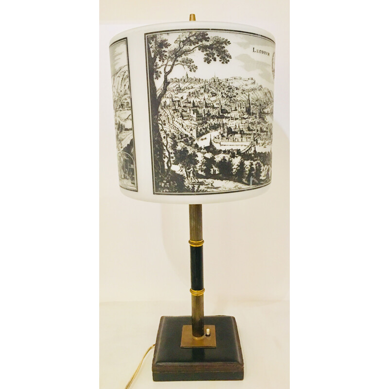 Vintage belgian white lamp in black leather and brass 1940