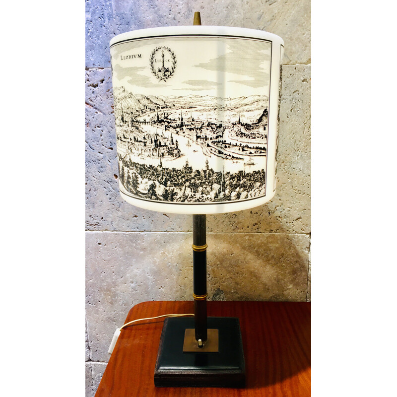 Vintage belgian white lamp in black leather and brass 1940