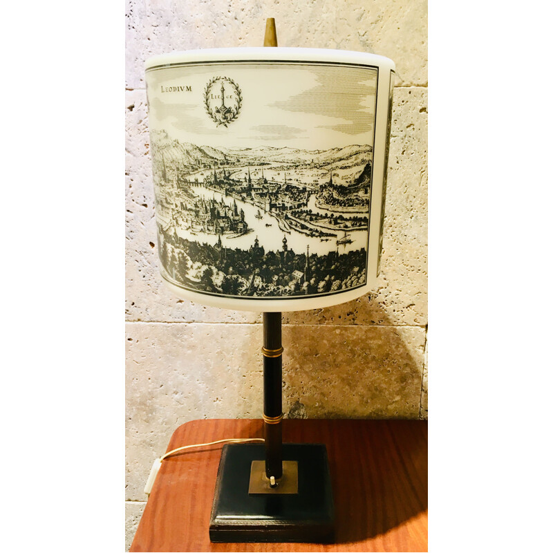 Vintage belgian white lamp in black leather and brass 1940