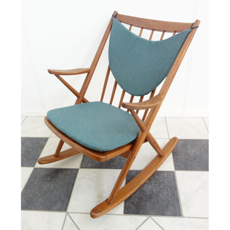 Vintage rocking chair by Frank Reenskaug for Bramin in blue fabric and teak