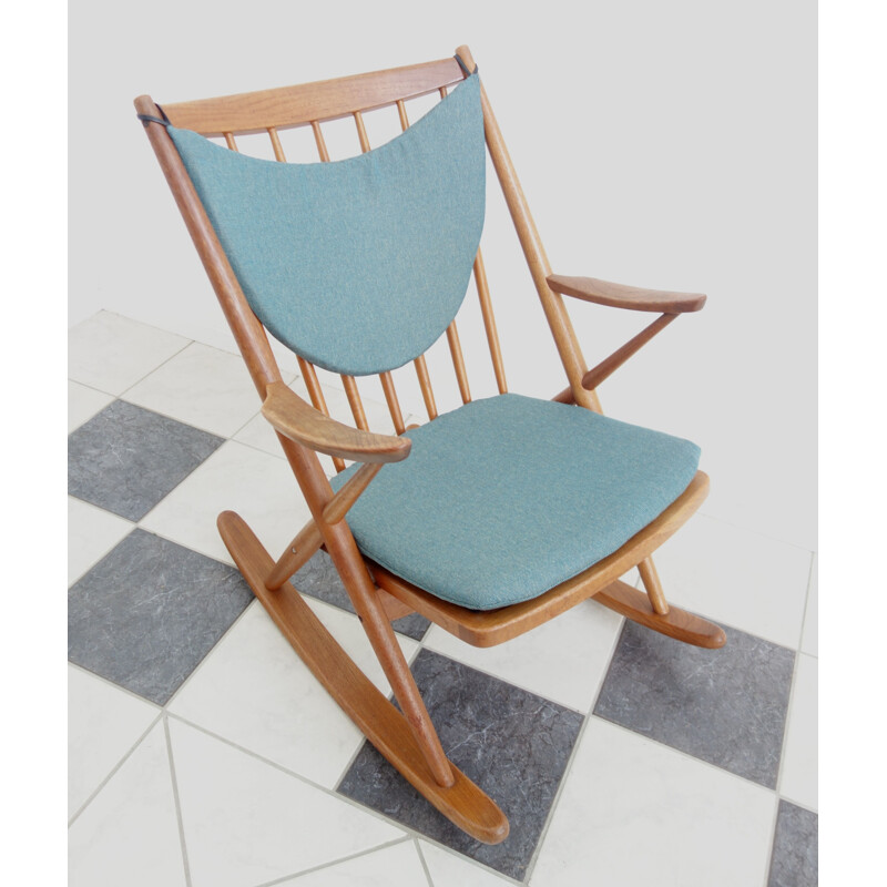 Vintage rocking chair by Frank Reenskaug for Bramin in blue fabric and teak