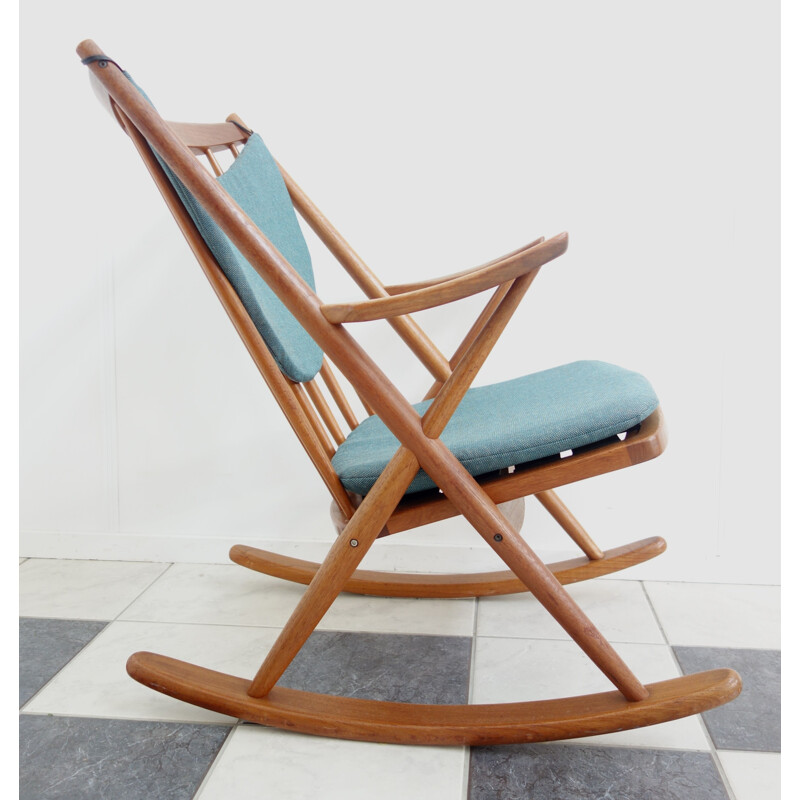 Vintage rocking chair by Frank Reenskaug for Bramin in blue fabric and teak