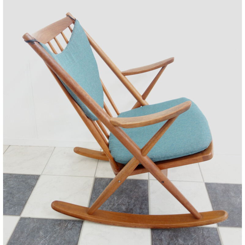 Vintage rocking chair by Frank Reenskaug for Bramin in blue fabric and teak