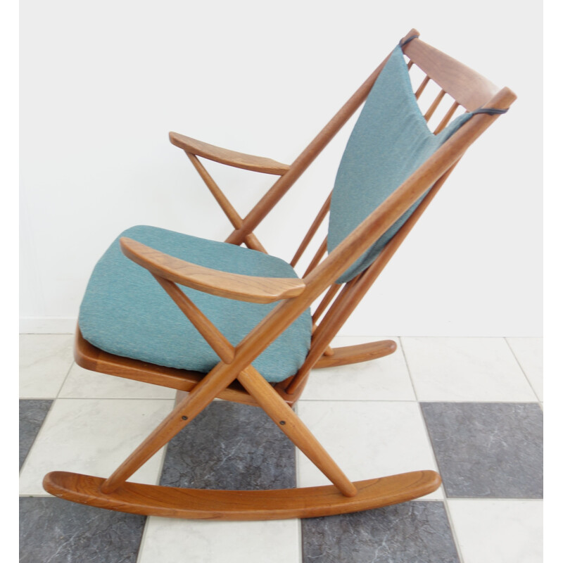 Vintage rocking chair by Frank Reenskaug for Bramin in blue fabric and teak