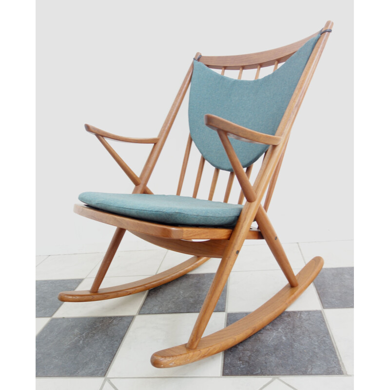 Vintage rocking chair by Frank Reenskaug for Bramin in blue fabric and teak